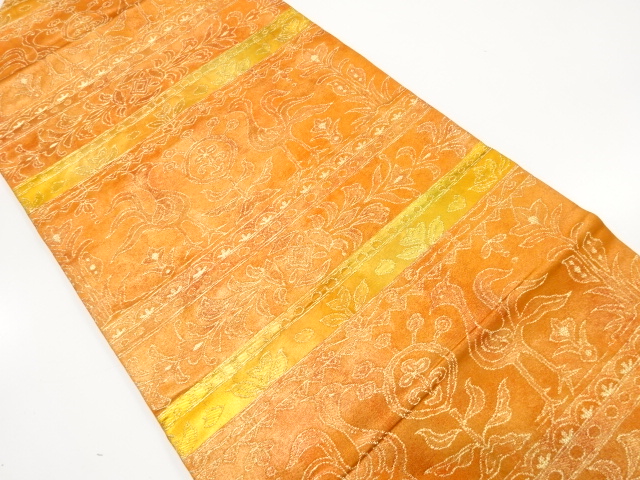 横段に花鳥模様織り出し　名古屋帯